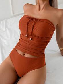 Swim Lushoire 女款夏季海灘優雅百搭修身抹胸分體式比基尼套裝 - 亮橙色 - 查看 6