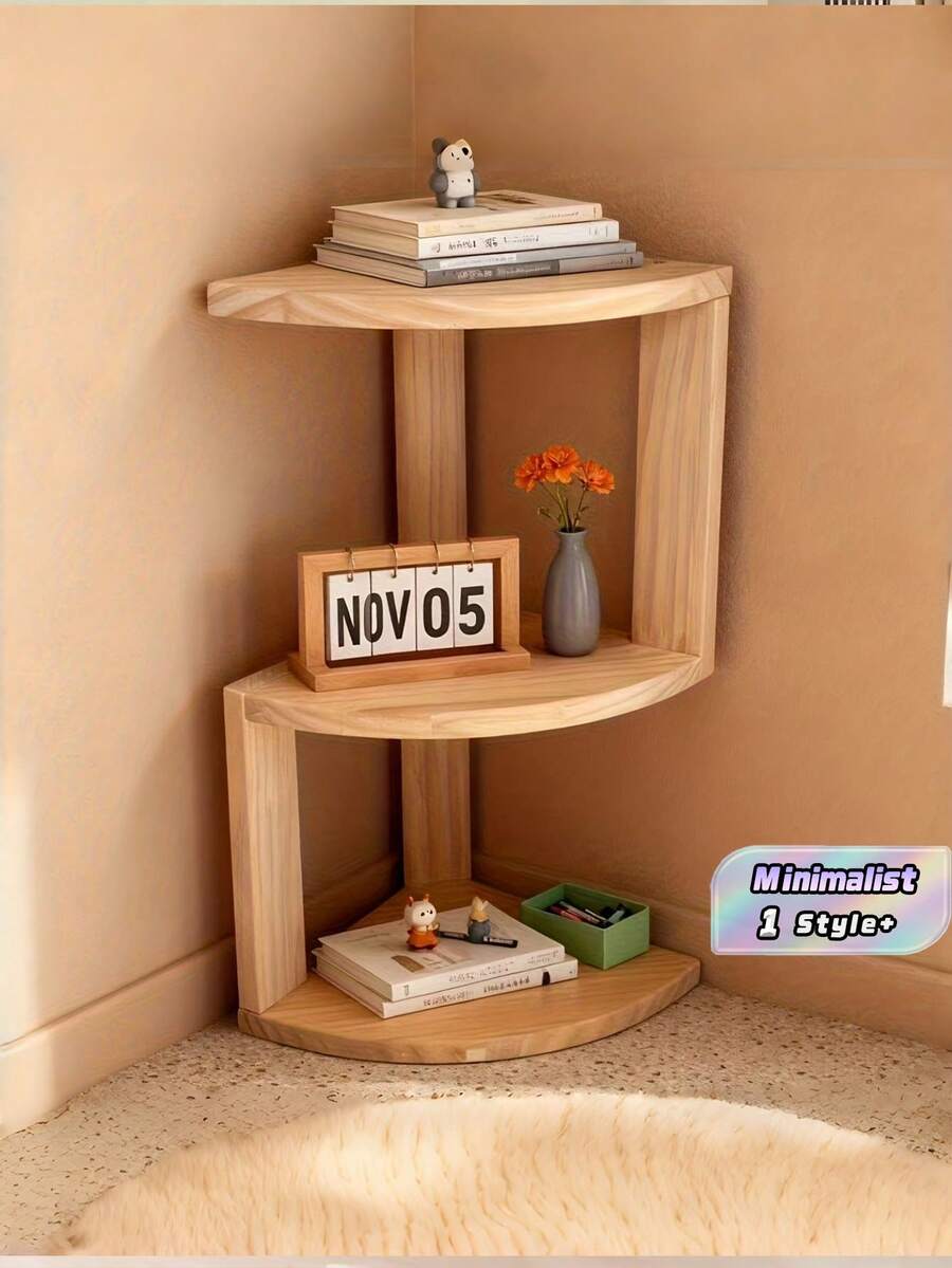 1PC Corner Solid Wood Pine Double Layer Multi Functional Desktop Bookcase Closet Storage Shelf Space Saving Triangular Bracket Natural Color Home Office Decoration Sturdy Wall Mount Easy Assembly Organizer Rack - multicolor - View 1