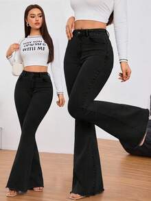 SHEIN Tall 女款休閒水洗修身喇叭褲 黑色寬腿喇叭牛仔褲 高個女性適用 - 黑色 - 查看 9