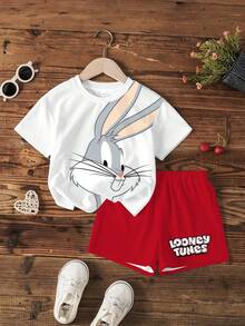 LOONEY TUNES X SHEIN 少女卡通印花圓領短袖T恤與短褲休閒日常套裝 - 白色 - 查看 7