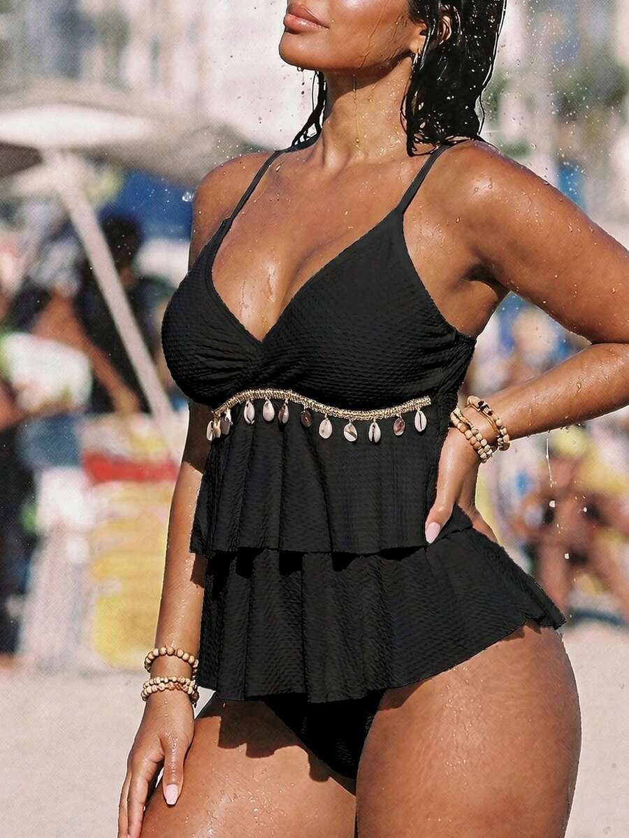Swim Vcay Plus Size Women Summer Beach Shell Trim Halter Tankini Set - Black - View 1
