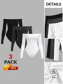 SHEIN BASICS 3 piezas Body de punto de hombros descubiertos de unicolor casual para mujeres/Ropa de primavera y verano - Gris - Ver 3