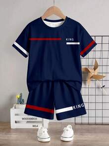 Young Boy Casual Minimalist T-Shirt Set, Classic Striped Pattern Print, Classic Text "King" Pattern Print, Suitable For Spring And Summer - Multicolor - View 3