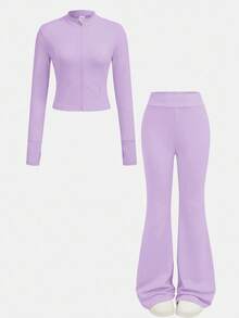 SHEIN Tween女孩休閒純色咖啡棕長袖上衣與喇叭褲2件套 - 紫色 - 查看 2