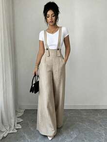 Selianne Women's Fashion Solid Color Button Pocket Loose Fit Jumpsuit - Khaki - View 4