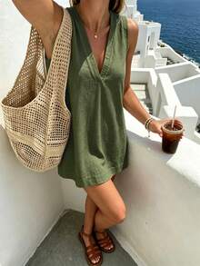 Pariaura Minimalist White Linen Sleeveless V-Neck Dress / Relaxed Fit A-Line Dress / Korean Gentle Style / Casual Commute Short Dress - Army Green - View 3