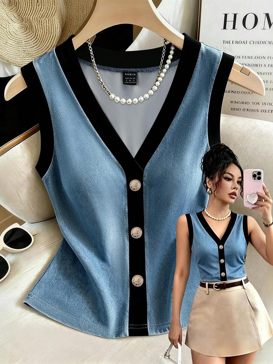 SHEIN Franclia 女款休閒背心、女款拼色背心、女款優雅背心、印花、金屬扣、夏季穿搭、夏季上衣、女款六月節慶服飾、藍色背心、女款休閒上衣、Y2K、藍色上衣 - 藍色 - 查看 1
