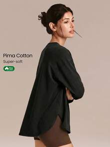 GLOWMODE Katun Pima Cuci Vintage, Lembut, Elastis, Potongan Longgar, Panjang Hingga Pinggul, Lengan Panjang dengan Belahan Samping, Pakaian Kasual Sehari-hari - Hitam - View 1