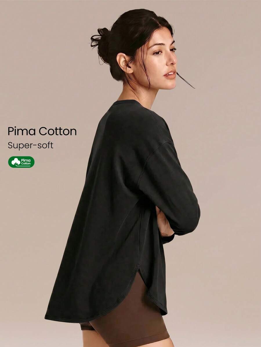 GLOWMODE Katun Pima Cuci Vintage, Lembut, Elastis, Potongan Longgar, Panjang Hingga Pinggul, Lengan Panjang dengan Belahan Samping, Pakaian Kasual Sehari-hari - Hitam - View 1