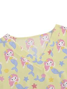 PopScrub V-Neck Short Sleeve Double Pocket Cute Cartoon Mermaid Print Nurse Doctor Work Uniform Top, Health Checkup Surgery Uniform, Beauty Nutritionist Work Uniform, Lab Uniform, Functional Holiday, Summer Women's Top - Yellow - View 5