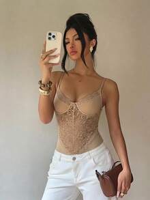Aloruh Camisole Rajut Khaki Pas Badan untuk Wanita dengan Detail Renda Kontras - Khaki - View 6