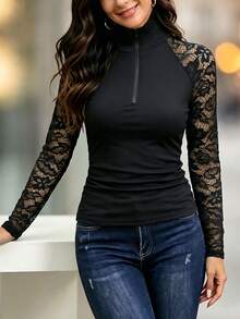 SHEIN Women's Elegant Street Style Blended Fabric Shirt, Zipper Collar, Sheer Lace Sleeves, Versatile Everyday Top - Black - View 9