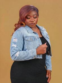 CurvyTilda Plus Size Front Button Frayed Trim Long Sleeve Ripped Denim Jacket Casual - Light Wash - View 4
