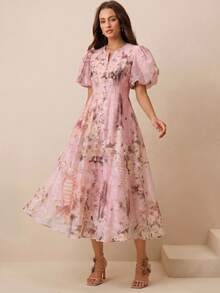 Anewsta 女士夏季连衣裙，法式复古油画印花V领花瓣袖珍珠纽扣腰A字中长连衣裙，优雅粉色连衣裙 - 粉色 - 查看 6