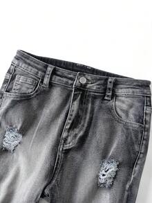 SHEIN 青少年男孩時尚休閒 Y2K 灰色鏤空破洞毛邊彈性緊身牛仔短褲，兒童男童軟舒適日常穿著，春夏款童裝 - 灰色 - 查看 4