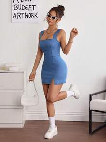 SHEIN PETITE 女款方領無袖修身休閒牛仔洋裝，適合嬌小身型女性 - 藍色 - 查看 5