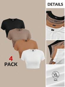 SHEIN BASICS 4pcs/Set Tops de verano ajustados de manga corta con cuello redondo de punto de unicolor casual - Marrón - Ver 8
