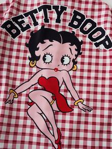 Betty Boop x SHEIN Plus Size Women Plaid Short Sleeve Casual Shirt, - Red and White - View 6