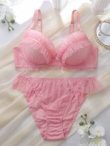 DelicateAllure 2pcs Pink Underwire Molded Cup High Support High Coverage Kawaii Cute Coquette Babydoll Comforty Balconette Ruffle Lace Romantic Sweet Plus Size Lingerie Set - Berwarna merah muda - View 1