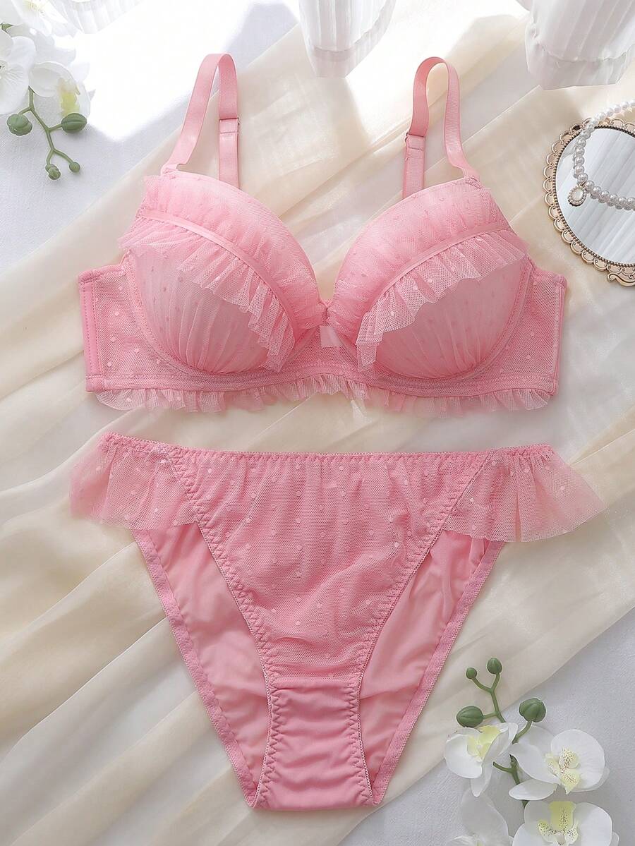 DelicateAllure 2pcs Pink Underwire Molded Cup High Support High Coverage Kawaii Cute Coquette Babydoll Comforty Balconette Ruffle Lace Romantic Sweet Plus Size Lingerie Set - Berwarna merah muda - View 1
