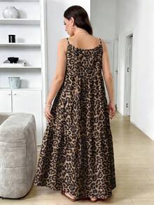 Comfylo Plus Size Women's Leopard Print Spaghetti Strap Dress With Ruffle Hem - Multicolor - View 2