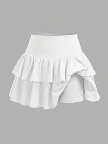 Girlism Tween女孩黑色內搭褲雙層荷葉邊迷你裙，瑜伽休閒運動校園開學裙 - 白色 - 查看 5