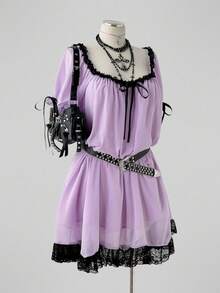 Sunspun Plus Size Vintage Asymmetrical Hem Lace Trim Patchwork Dress - Purple - View 5