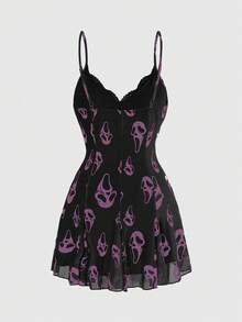 ROMWE Goth 深色花卉森林嬉皮浪漫宮廷哥德風印花女款修身顯瘦細肩帶迷你洋裝 - 玫紅色 - 查看 2