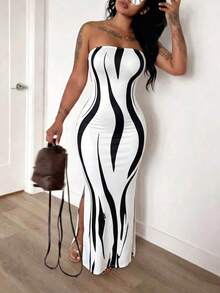 Glyssa Standard Size Elegant Women's Designed Fitted Blue And White Porcelain Print Waist-Cinching Slit Long Dress, Luxury Vintage Style, Suitable For Evening Party / High-End Cocktail Party / Brand Event / High-End Date / Anniversary Dinner / New Chinese Style / National Style Theme Event / Cultural Exhibition / Vacation / Beach / Estate Travel - Black and White - View 1