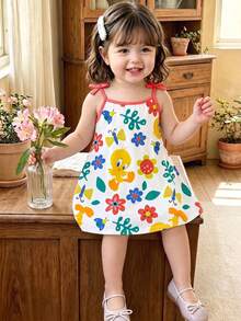 LOONEY TUNES X SHEIN GraphicGems Baby Girl Summer Bow Colorful Floral All-Over Print Spaghetti Strap Dress - Multicolor - View 1