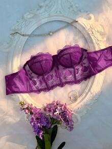 Crystal Vow 1pc Romantic Embroidered Detachable Transparent Strap Underwire Bra - Purple - View 3