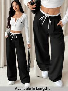 SHEIN PETITE CURVE 大码女式休闲撞色裤，女式春秋季休闲抽绳口袋阔腿黑色宽松长裤，休闲舒适抽绳腰阔腿裤 - 黑色 - 查看 1