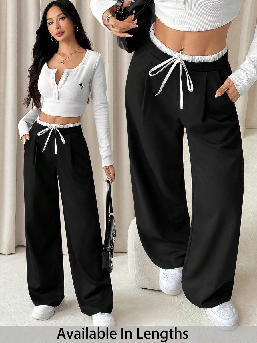 SHEIN PETITE CURVE 大码女式休闲撞色裤,女式春秋季休闲抽绳口袋阔腿黑色宽松长裤,休闲舒适抽绳腰阔腿裤 - 黑色 - 查看 1