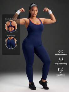 Powerista Women's Plus Size Letter Print Colorblock Casual Daily Travel Sports Jumpsuit - Blue - View 3