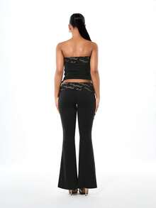 BABYPHAT Fold Over Printed Waist Flare Leggings With Logo Script Detail And Side Tie Strings - Black - View 7