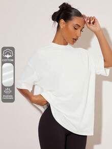SHEIN BASICS 女款素色落肩寬鬆休閒T恤上衣 白色上衣 - 白色 - 查看 8