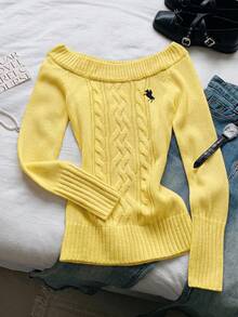Comfortcana 女款刺繡扭繩圓領長袖針織毛衣上衣 - 黃色 - 查看 3