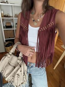 Brillora Fringe Trim Open Front Vest Summer Jacket In Fall/Winter - Burgundy - View 9