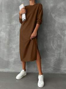 Cloudara Women's Solid Color Side Slit Sweatshirt Dress - Brown - View 4