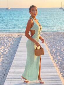 Barévion Women's Sexy Tropical Solid Color Knit Dress Beach Vacation Party Mint Green Autumn - Mint Green - View 4