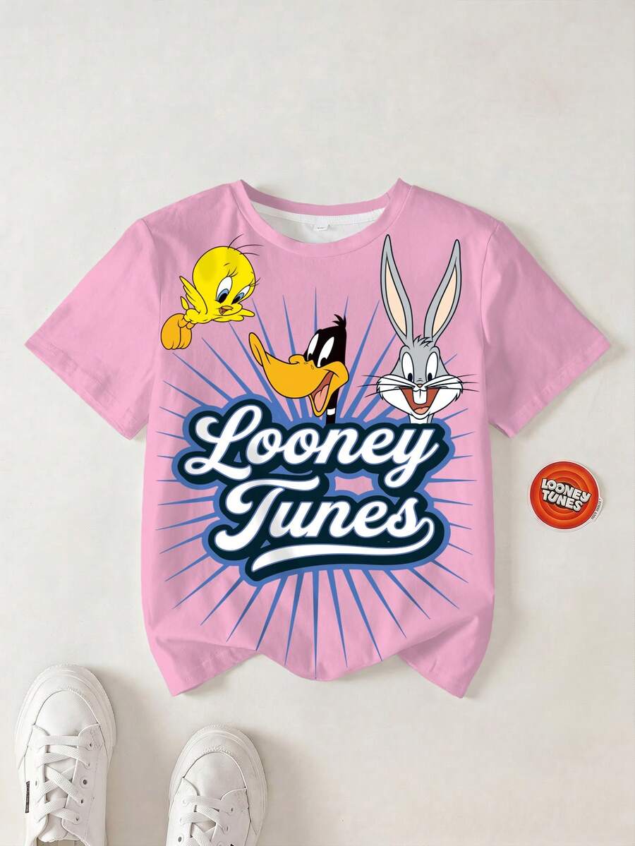 LOONEY TUNES X SHEIN 青少年女孩字母卡通印花短袖休閒T恤 - 白色 - 查看 1