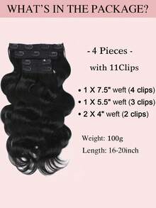 4 piezas de extensiones de cabello humano ondulado para la cabeza completa de 16-20 pulgadas, extensiones de cabello ondulado natural negro Remy para mujeres con clips, extensiones de cabello con clips - Natural Black - Ver 3