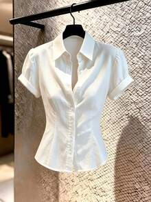 Franclia Minimalist Button-Up Waist-Cinching Short Sleeve Women's Blouse - White - View 2