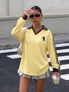Muchica 女款騎士圖案拼接配色休閒日常長袖運動衫 - 鵝黃色 - 查看 5