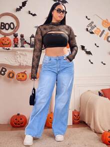 Muchica Plus-Size Women's New Halloween Spider Web Print Cropped Top Winter - Black - View 3