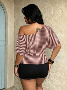 Rustia Plus Size Women's Asymmetrical Shoulder Striped T-Shirt, Casual And Comfortable - Pink - View 2