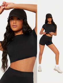 SHEIN BASICS 女款色假領短版上衣 - 黑色 - 查看 9