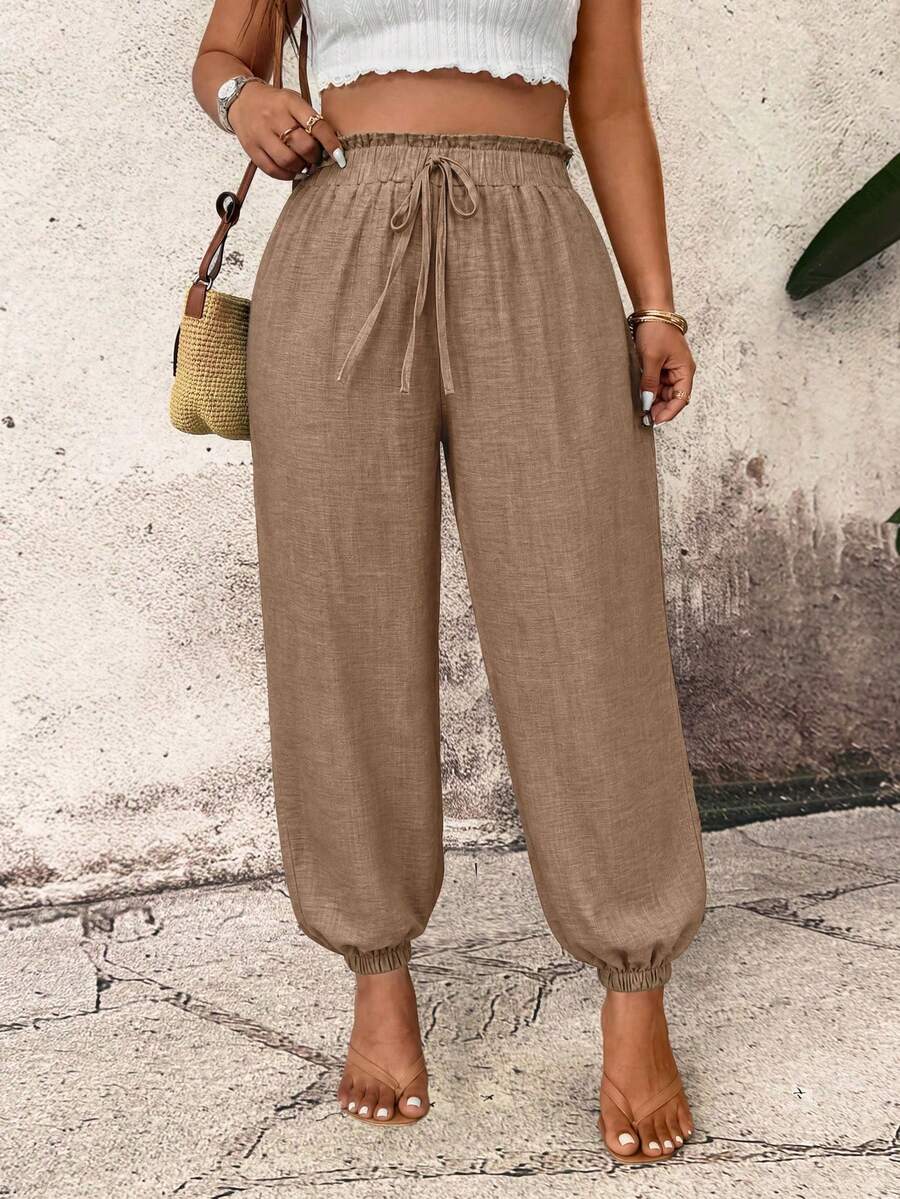 Breezaya Casual Comfortable Vacation Solid Color Pocket Drawstring Waist Plus Size Long Pants For Women, Summer Fall - Coffee Brown - View 1