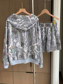 Comfortcana 休閒女款連帽滿版印花上衣與短褲兩件套，適合日常穿著 - 灰色 - 查看 2
