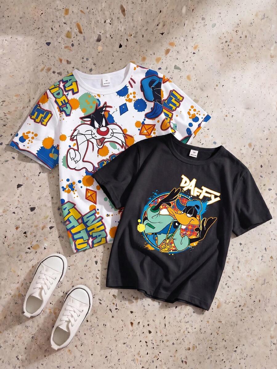 LOONEY TUNES X SHEIN GraphicGems Tween Boy Cool Splatter Cartoon Pattern Print Summer Crew Neck Short Sleeve T-Shirt 2pcs/Pack School White Black Streetwear Casual - Multicolor - View 1